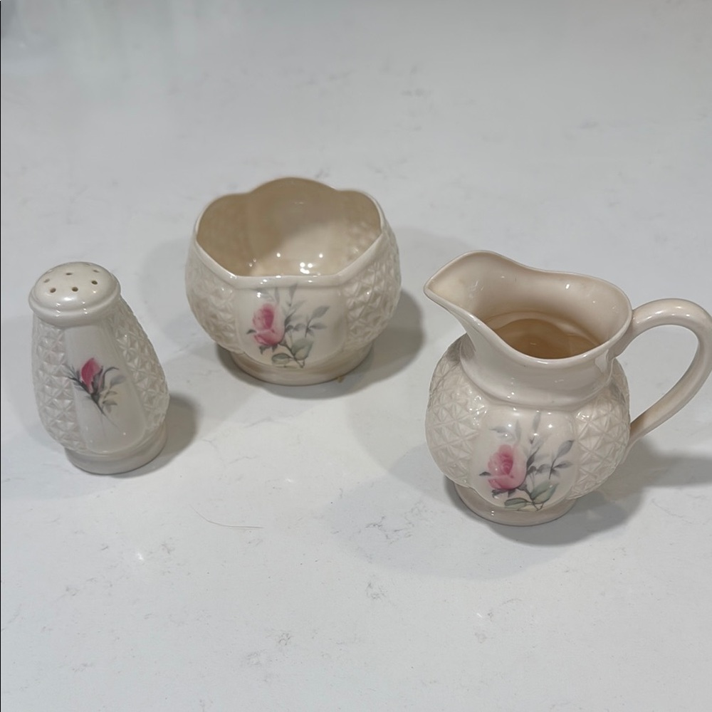 Donegal Parian China Creamer Irish Rose , Open sugar bowl, and salt shaker